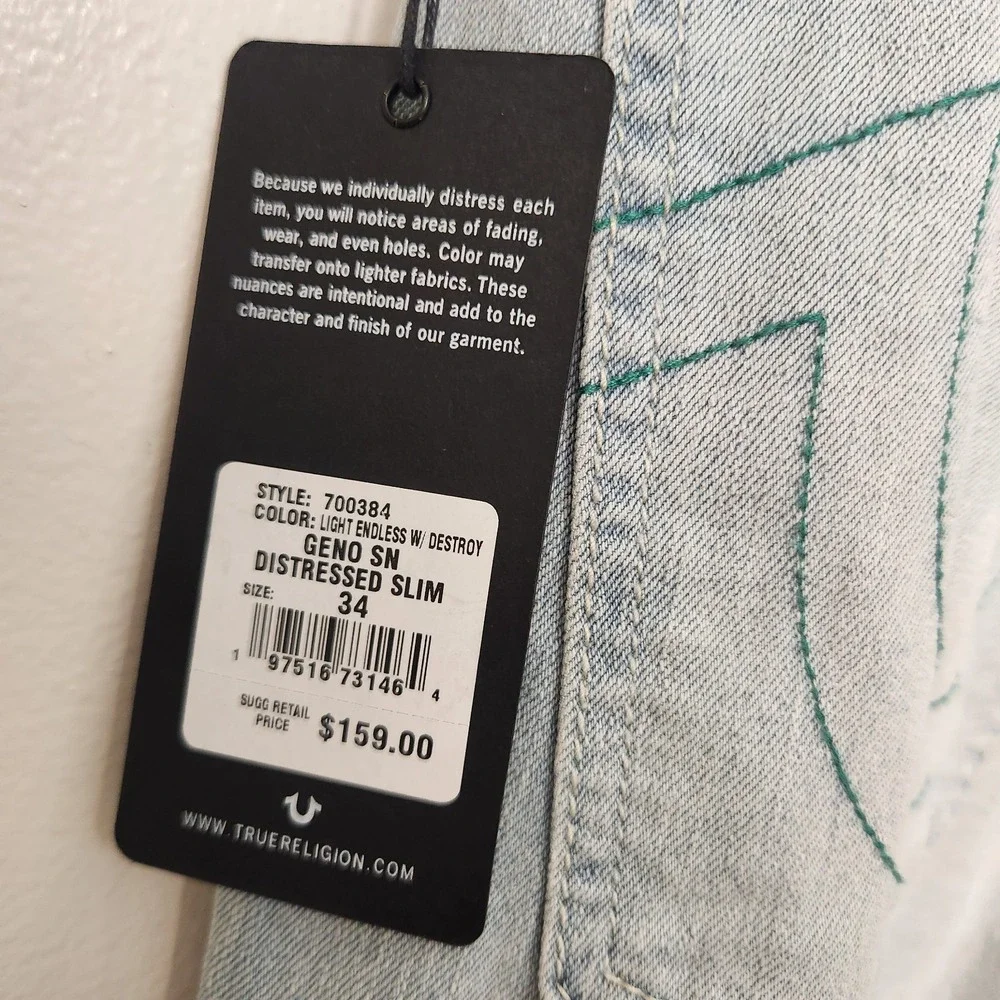 True Religion NWT Men's Geno Distressed Slim Jeans 34x32 Destroyed Light Endless